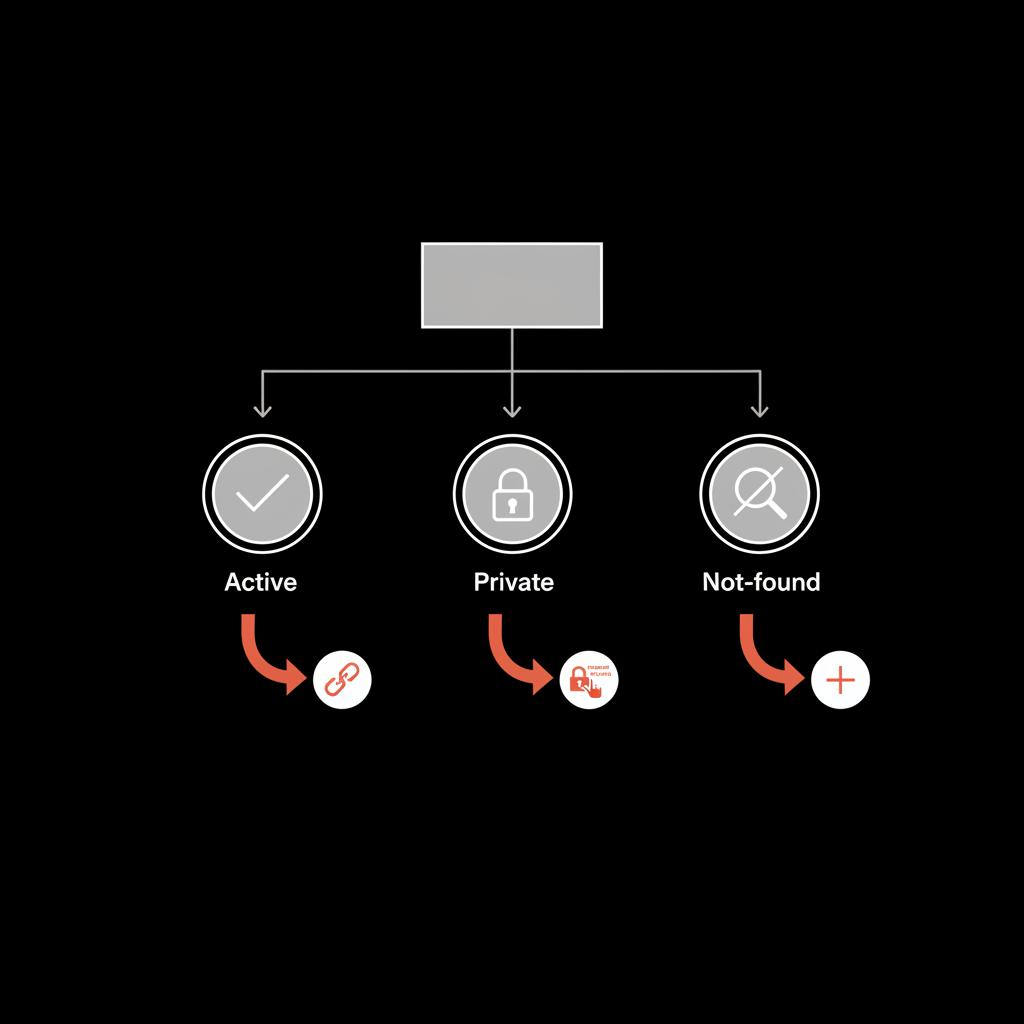 Minimal vector flowchart with icons for active, private, and not-found results and highlighted action arrows — check if Instagram username is taken