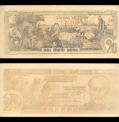 Tờ 20 đồng 1949 giấy bạc Việt Nam in trên giấy thô, màu lên không đều, mặt sau có chân dung Hồ Chí Minh