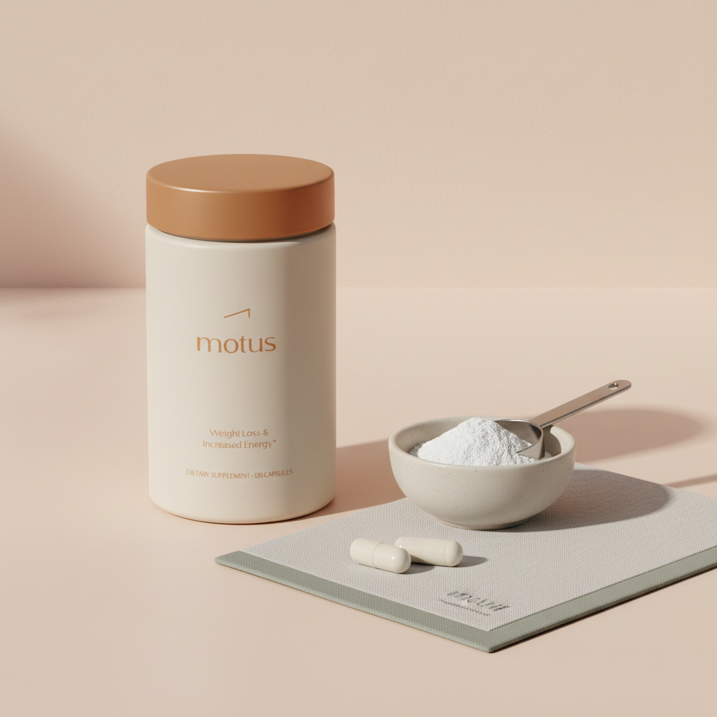 Minimal Tonum product shot showing the collagen jar from reference photos with a measured scoop of collagen powder and two capsules on linen, clinical lifestyle scene — collagen powder vs capsules