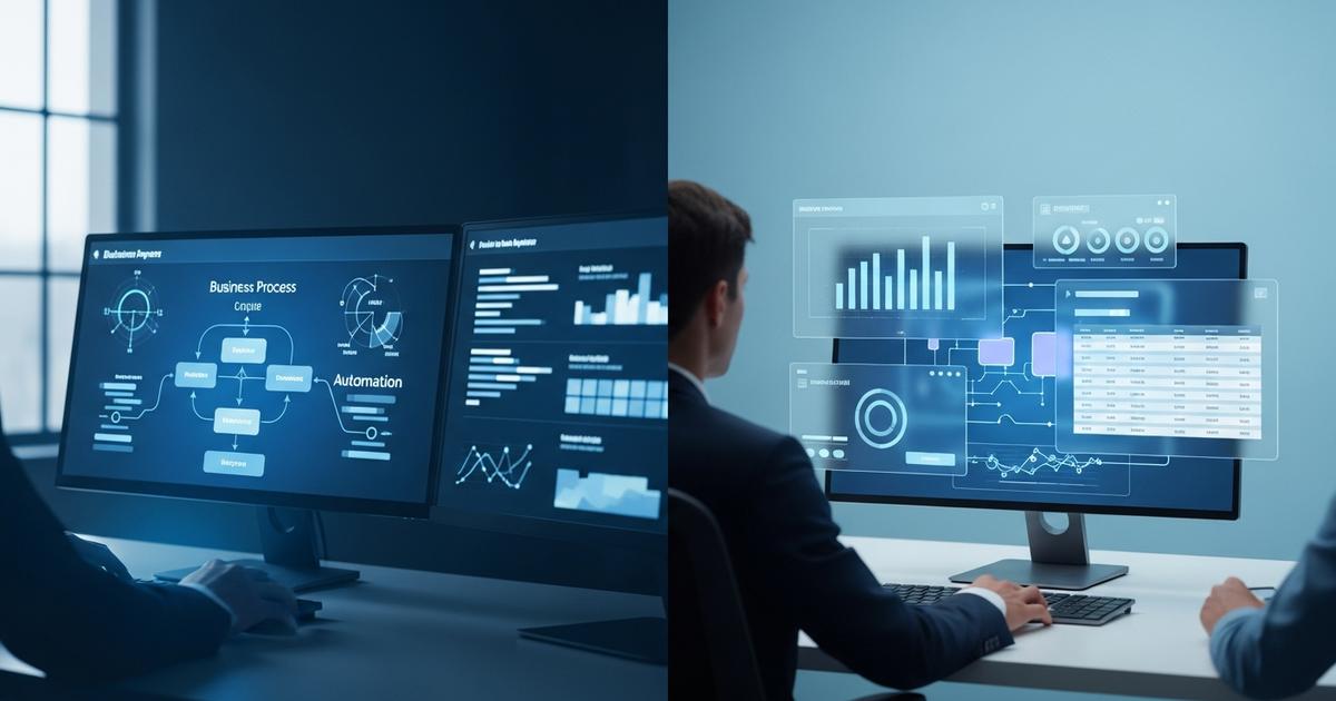 Specialist analizează scheme de automatizare a proceselor de afaceri pe două monitoare