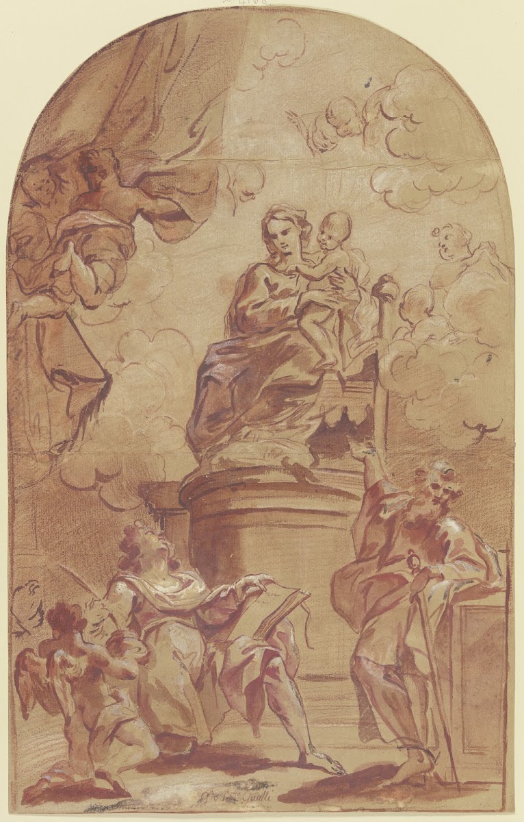 Maria auf dem Throne dabei der Heilige Paulus und der Heilige Matthäus mit dem E