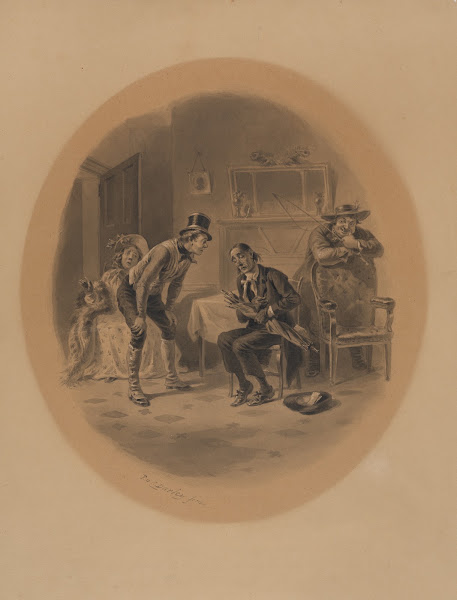 Scene from The Pickwick Club seated man holding umbrella