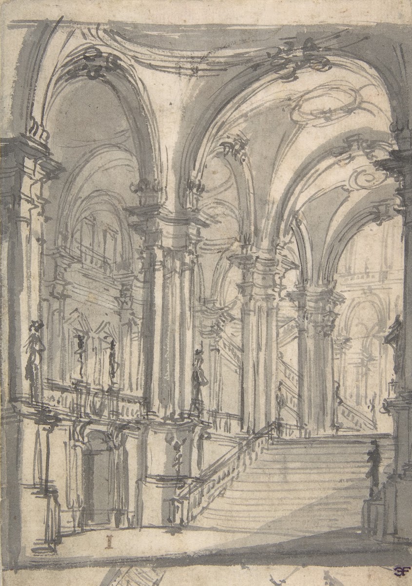 Design for a Stage Sets Groin vaulted Stairway Leading to a Gallery with Another