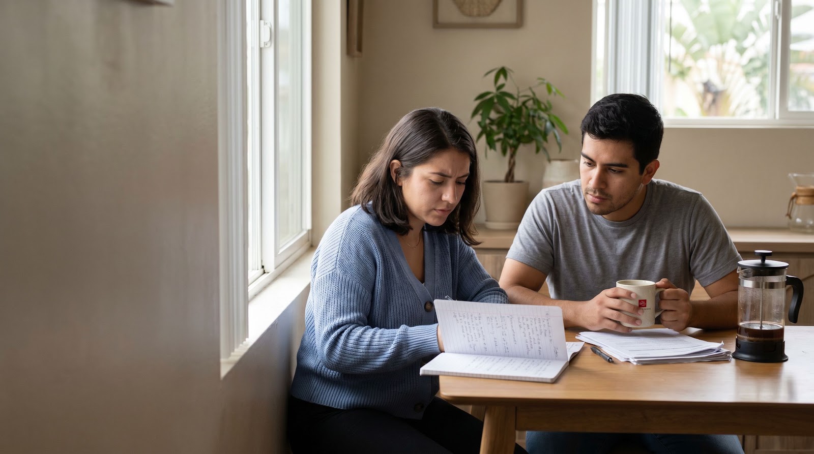 Young Hispanic couple estimating florida life insurance young adults 20s coverage needs at their kitchen table