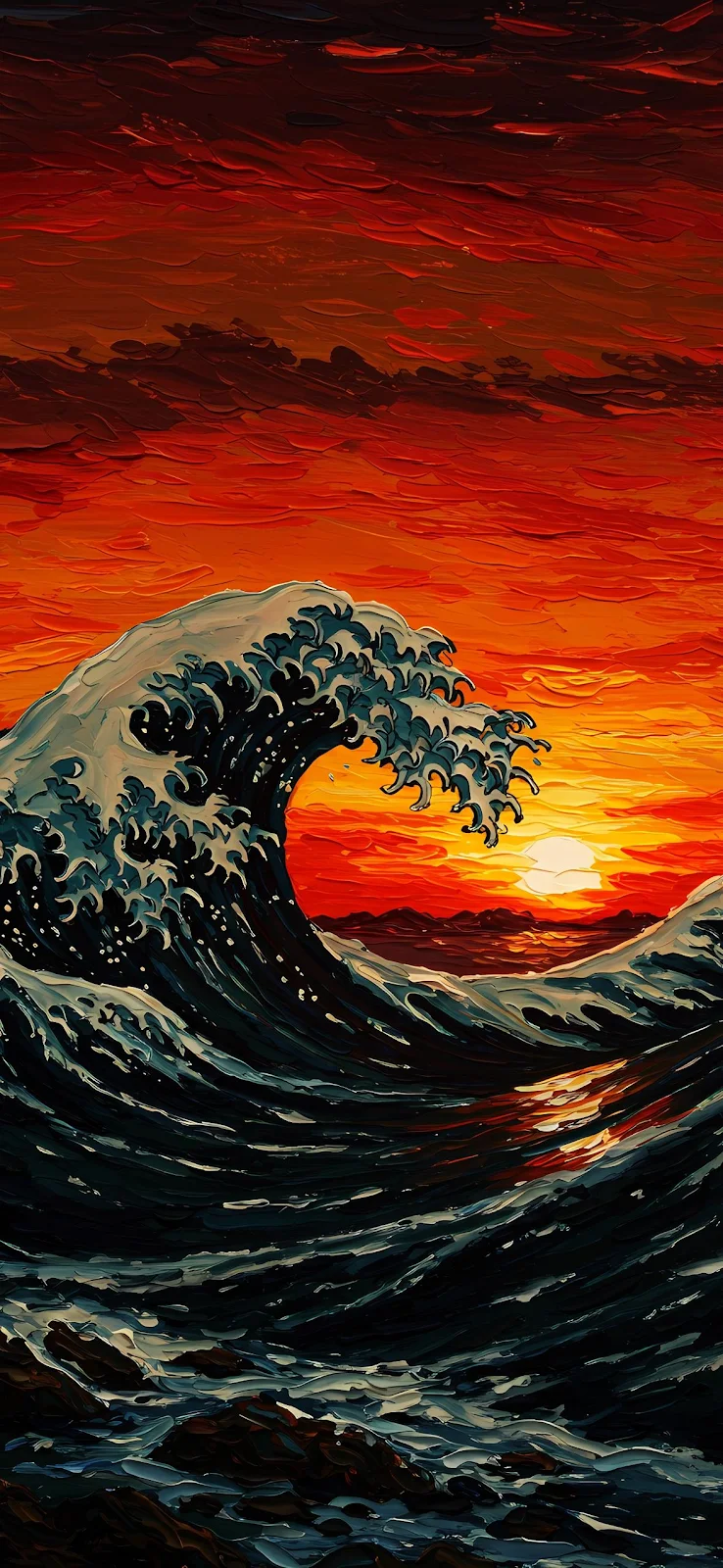 The Great Wave At Sunset - Impasto Oil Painting Full HD iPhone Wallpaper (1179x2556)