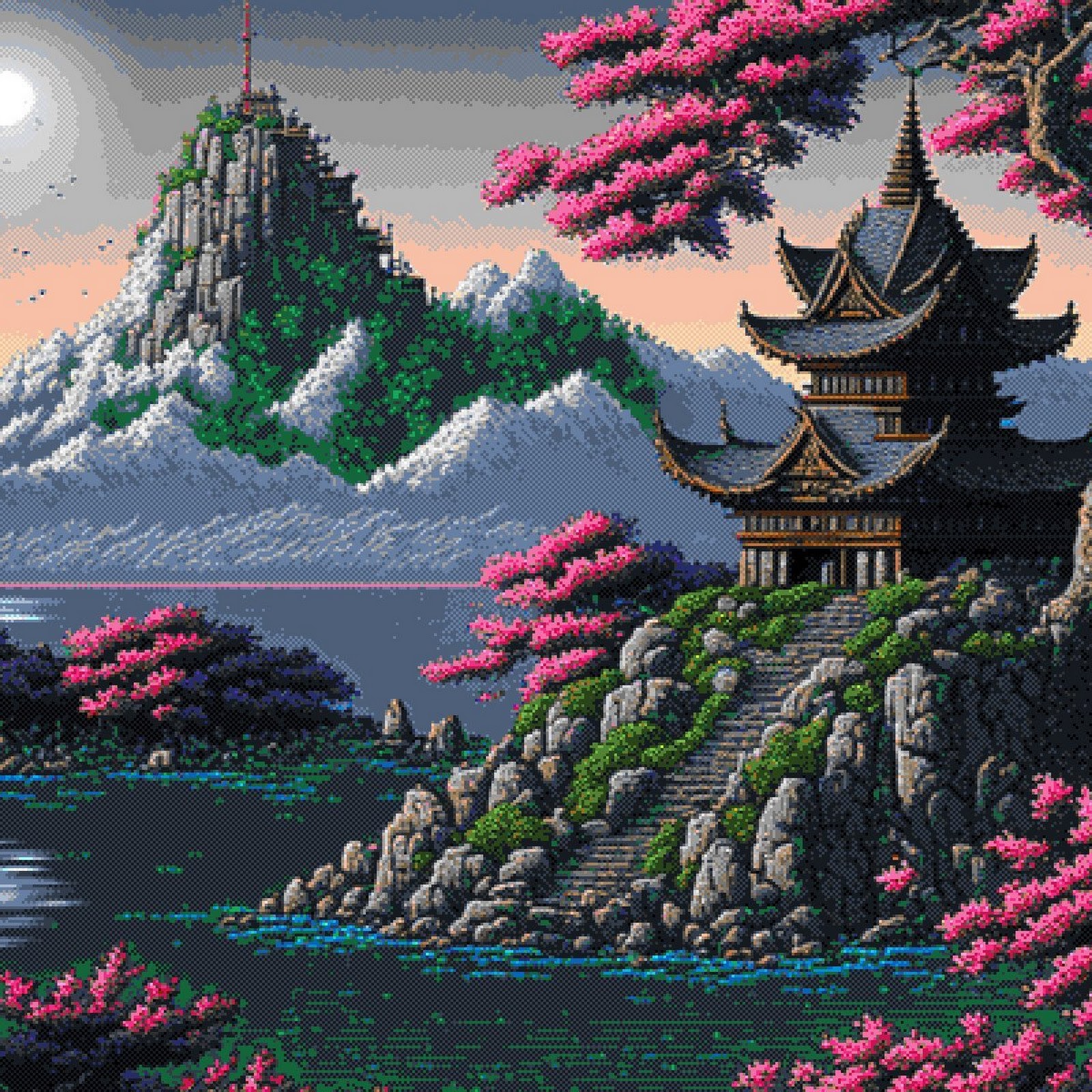 Download Pixel Art, Building, Trees, Mountains, Water Full HD