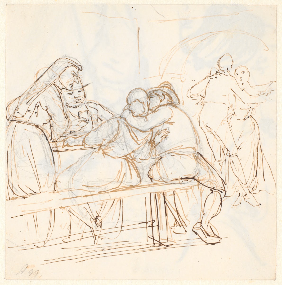 Osteriscene i forgrunden kysser et siddende par hinanden 1810  1873