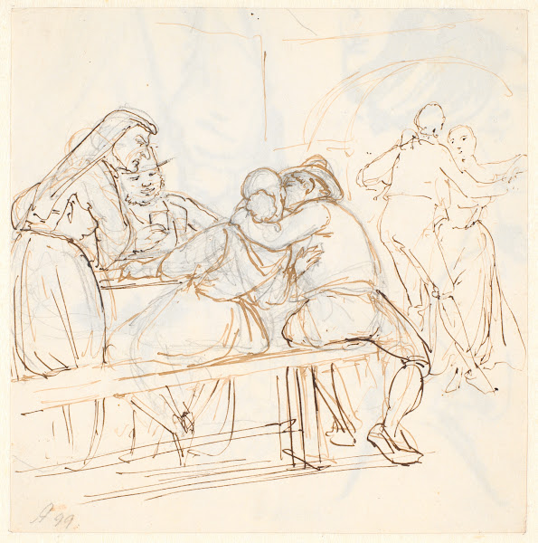 Osteriscene i forgrunden kysser et siddende par hinanden 1810  1873