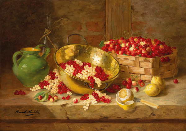 Nature morte aux cerises Napoléon groseilles et citrons sur un entablement