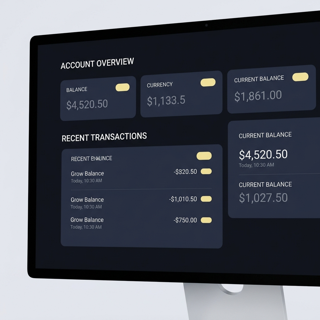 Close up of a computer account dashboard showing balances and timestamps in Funded Plays color palette minimalist interface no logos visible americas cardroom sportsbook