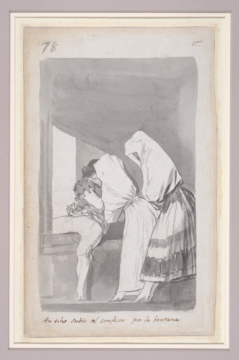 Two women helping a confessor to climb through a window 17961798