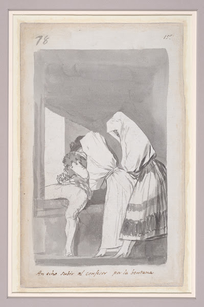Two women helping a confessor to climb through a window 17961798