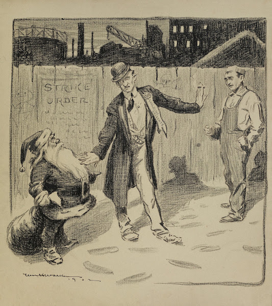 A man in a suit a walking delegate keeps Santa Claus from approaching a striking