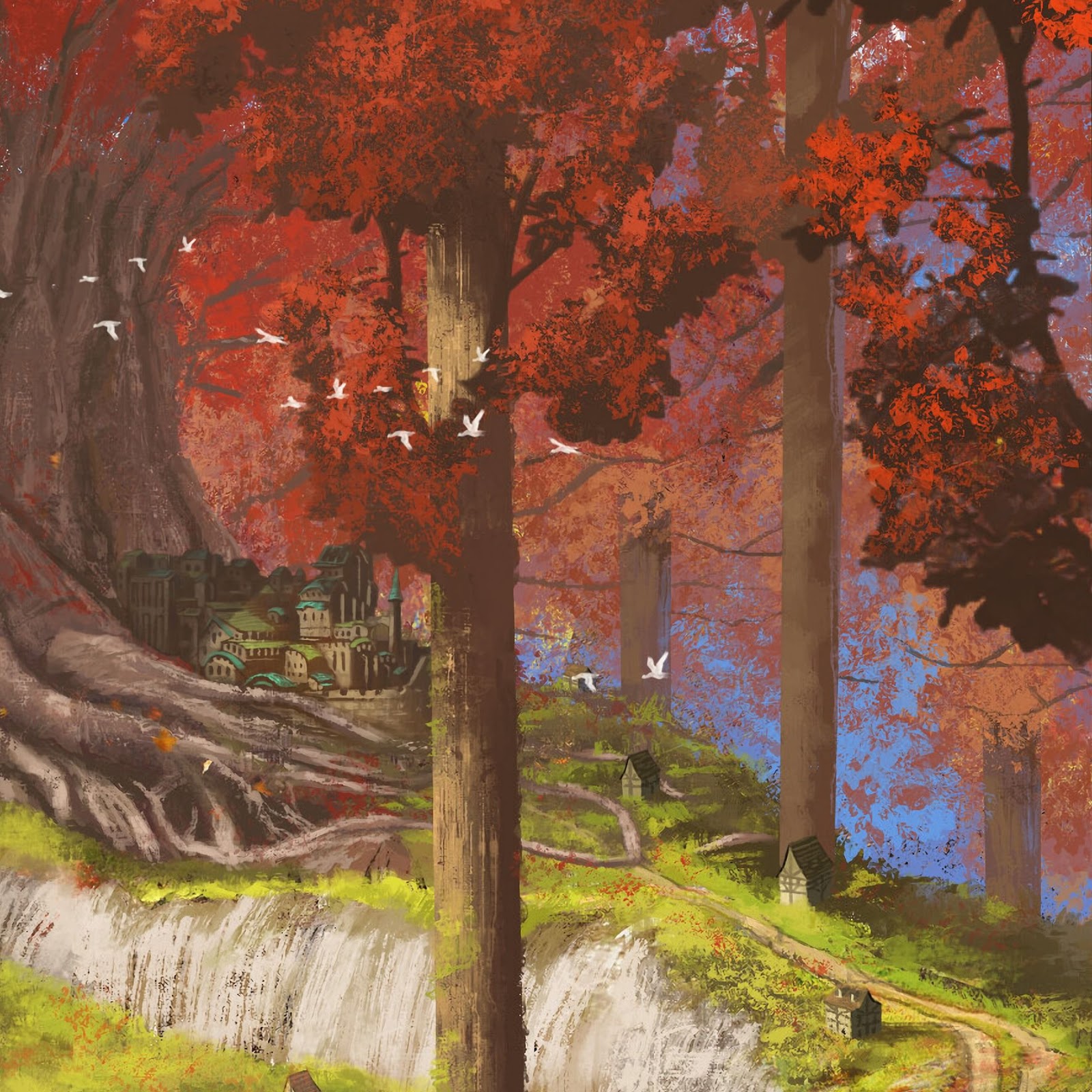 Download Fantasy Landscape, Autumn Forest, Village, Digital Art 2K iPhone