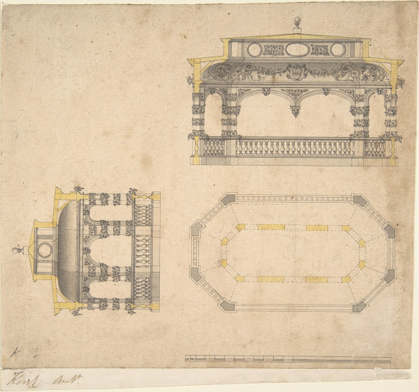 Design for a Bath in the Form of an Elongated Polygonal Temple Plan and Two Elev
