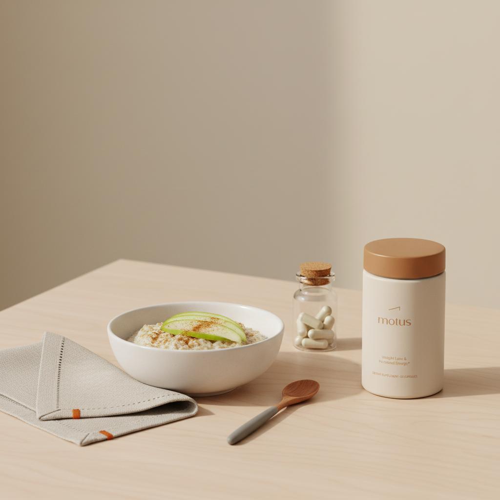 Minimalist still-life breakfast with oatmeal, sliced apple and cinnamon, small magnesium bottle and Tonum Motus container to reduce sugar craving