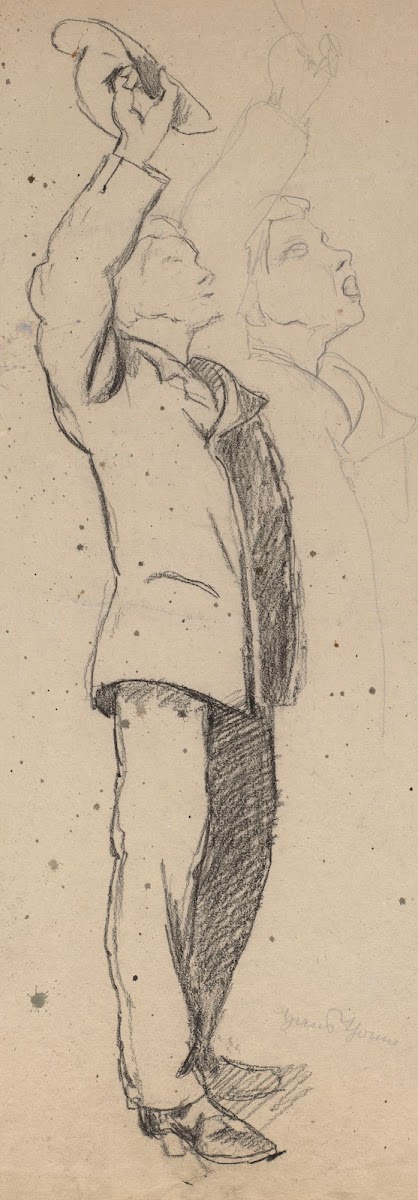 Standing Man Holding a Hat in His Raised Right Hand 1886