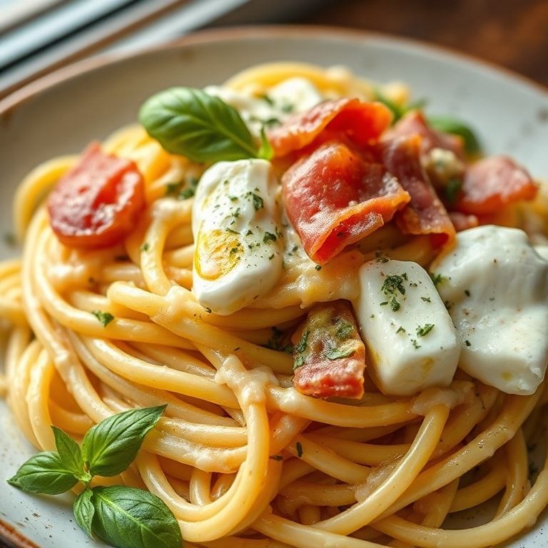 Creamy Basil and Garlic Pasta with Burrata and Prosciutto – Easy Homemade Dinner in 40 Minutes finished