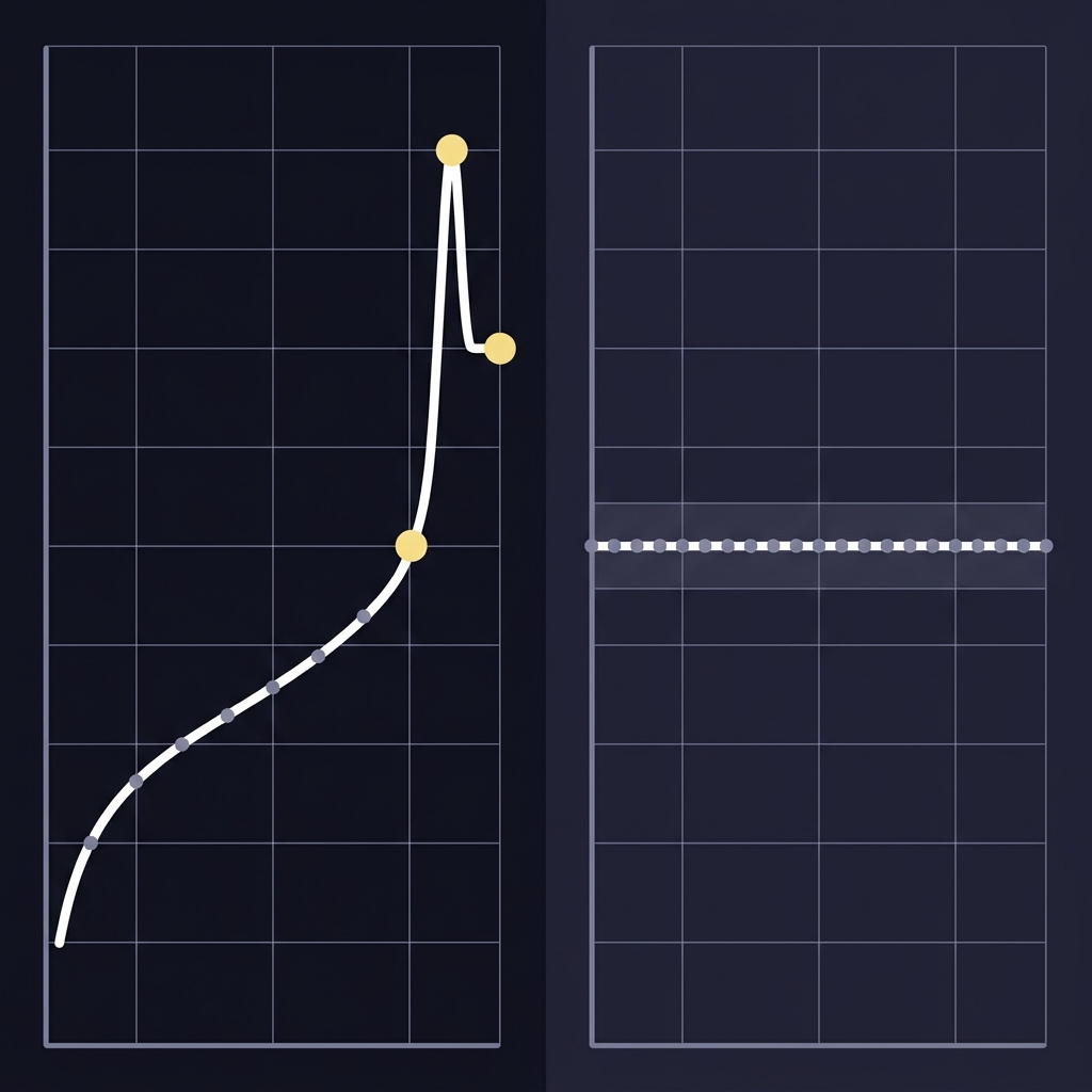 Minimalist 2D vector diagram contrasting an in sample spike driven by a few events with a stable out of sample performance band How to Avoid Overestimating Your Edge
