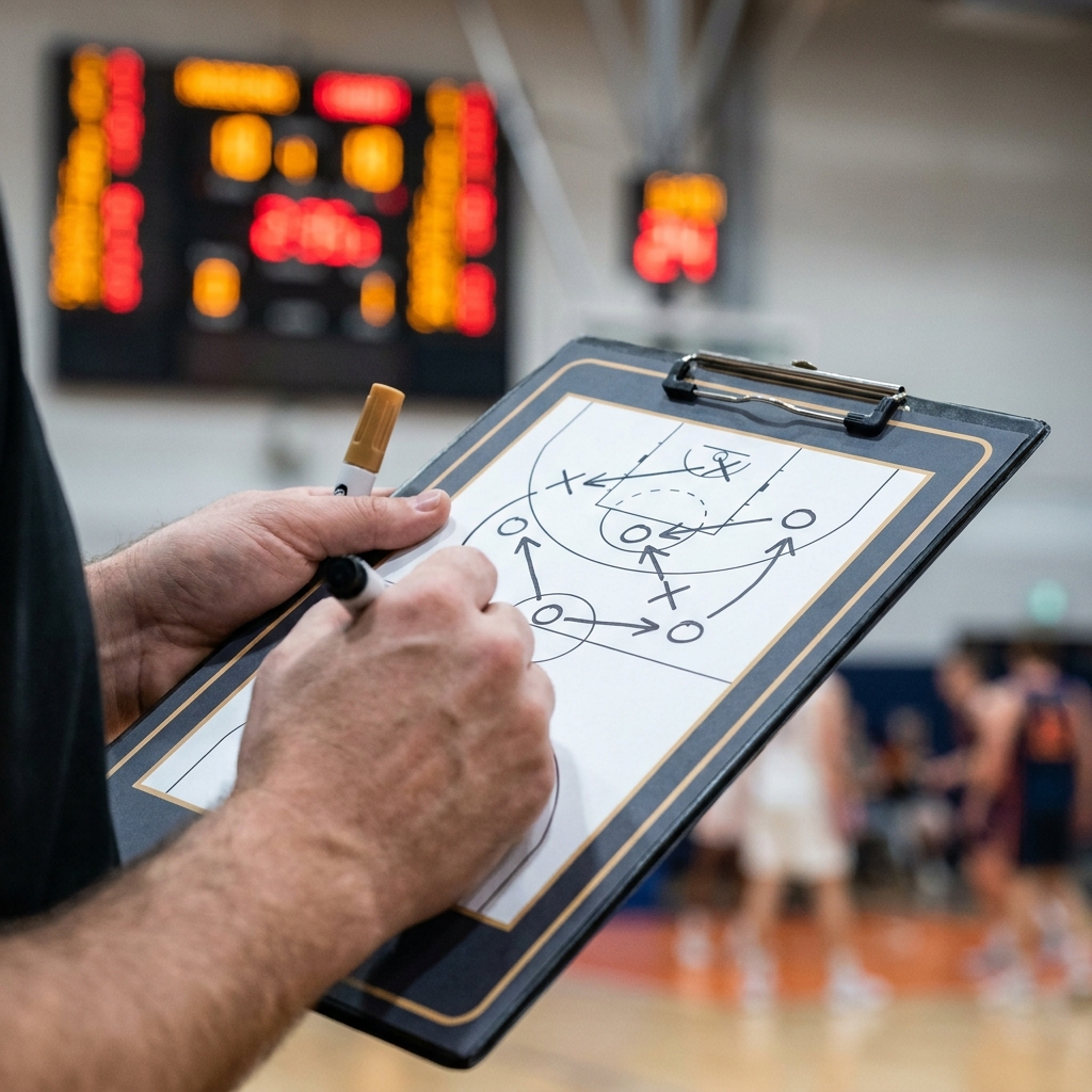 Close up of an anonymous coach drawing a play on a clipboard at the sideline illustrating How Timeouts Influence Live Basketball Odds with a blurred scoreboard and minimalist dark brand palette