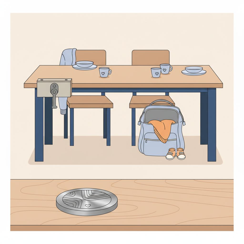 Minimalistisches 2D-Vektor-Stillleben auf Esstisch mit Wickeltasche, Babydecke, Babyschuhen und personalisiertem Metall-Keepsake in warmer Industrieästhetik – glückwünsche werdender vater