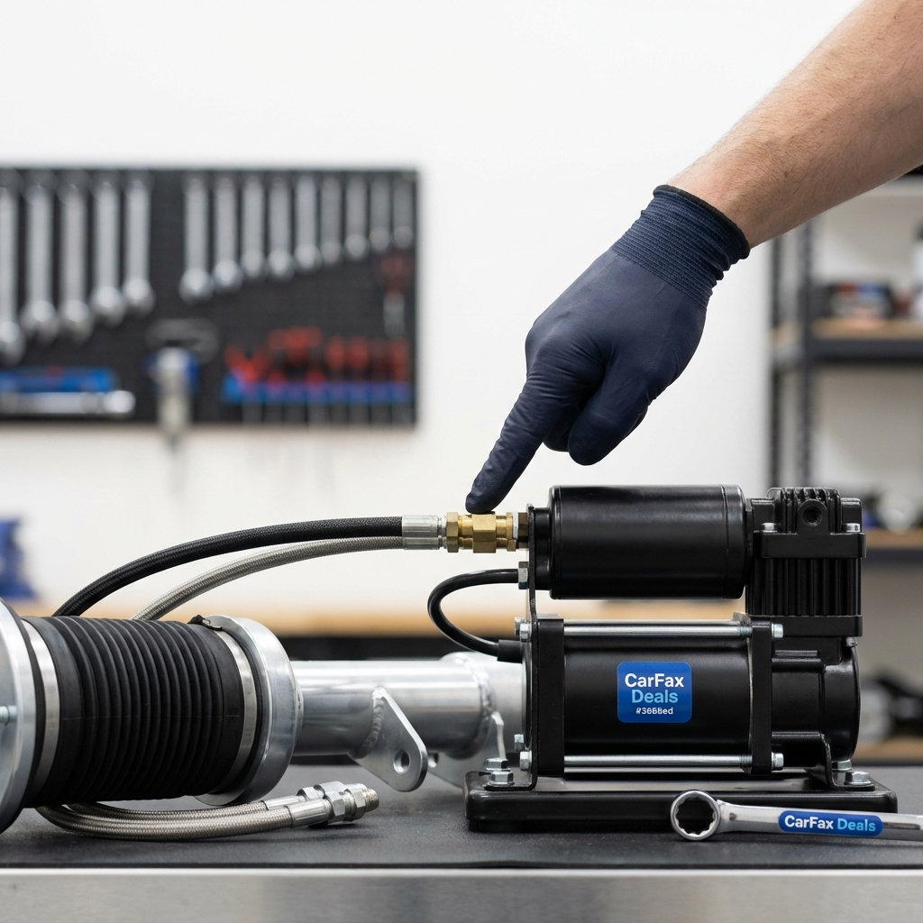 Close up of a Range Rover Sport air suspension strut and compressor in a clean garage with a technician pointing to the connection range rover sport for sale