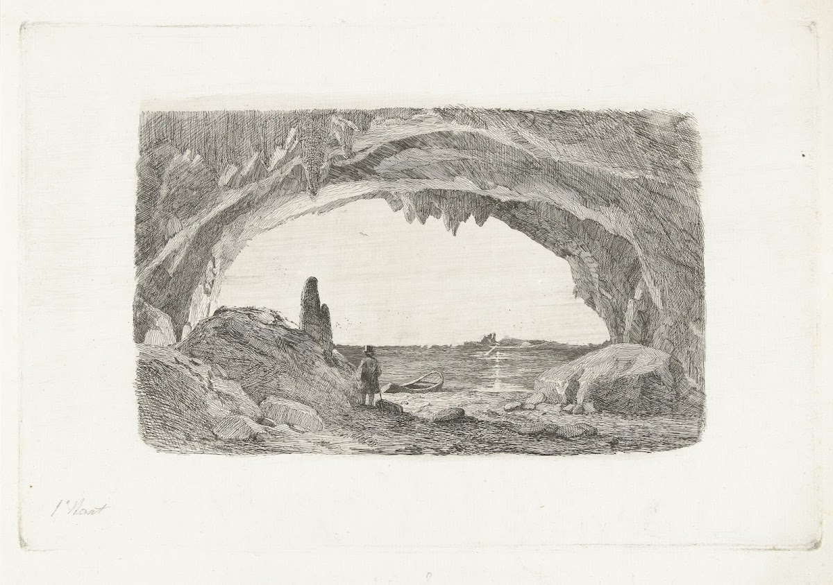 Man met roeiboot in de grotten van Han 1849