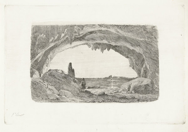 Man met roeiboot in de grotten van Han 1849