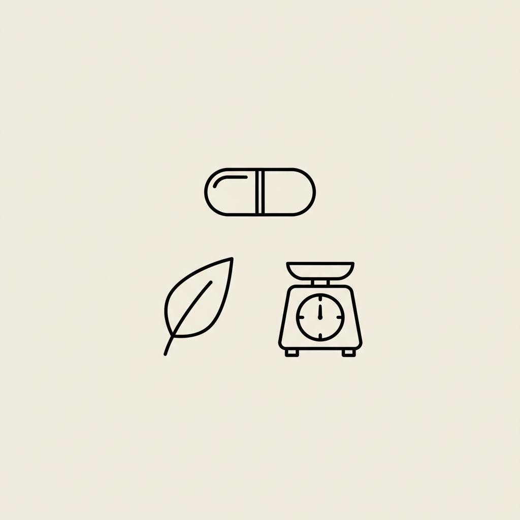 Minimalist vector illustration of a capsule, leaf, and weighing scale on beige background — SEO focus best pill to lower A1C in Tonum-style thin black outlines