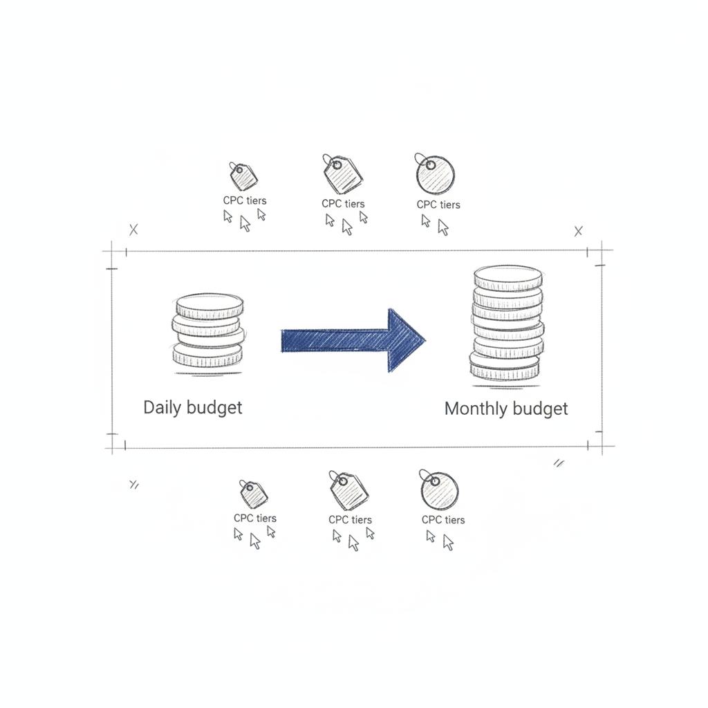 Minimal vector sketch for google ads budget flow: small daily coin stack leading via blue arrow to larger monthly stack, three CPC tiers with click clusters.