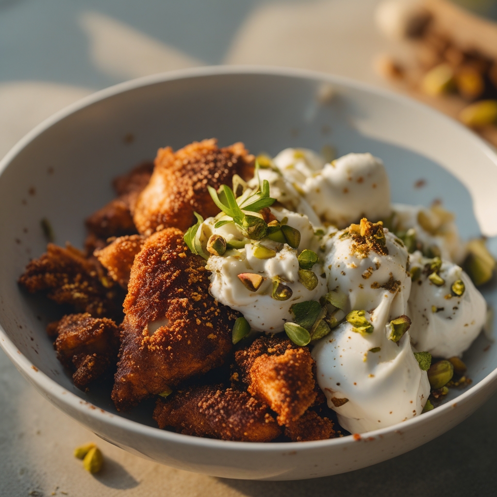 Final Crispy Sumac Chicken Thigh & Whipped Pistachio Feta Protein Power Bowl with Quick Pickled Radishes