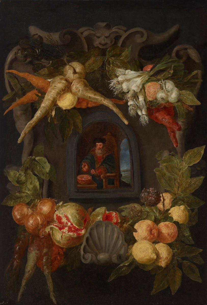 Allegories of the Four Seasons surrounded by garlands of seasonal flowers and fr