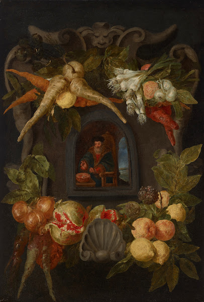 Allegories of the Four Seasons surrounded by garlands of seasonal flowers and fr