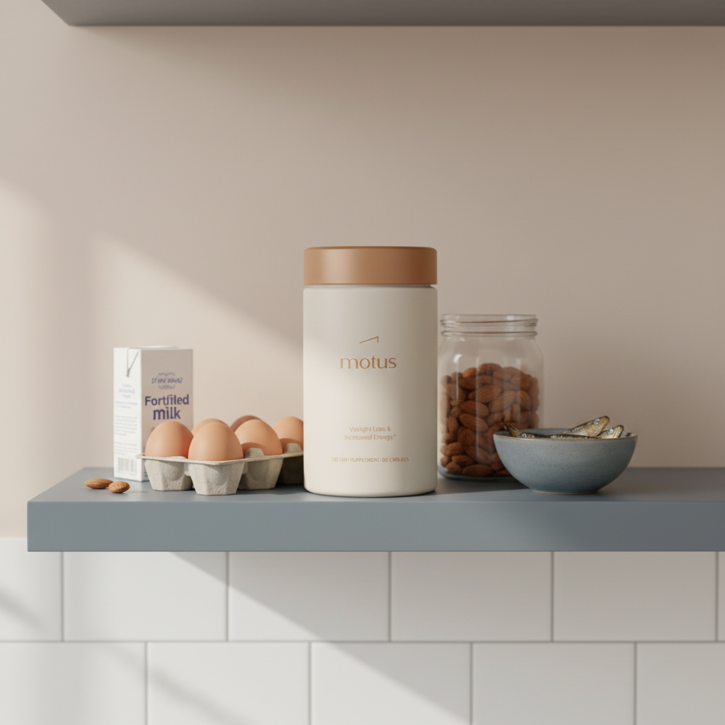 Nouro supplement bottle on a minimalist kitchen shelf with eggs, almonds, sardines and fortified milk illustrating best supplements for brain development
