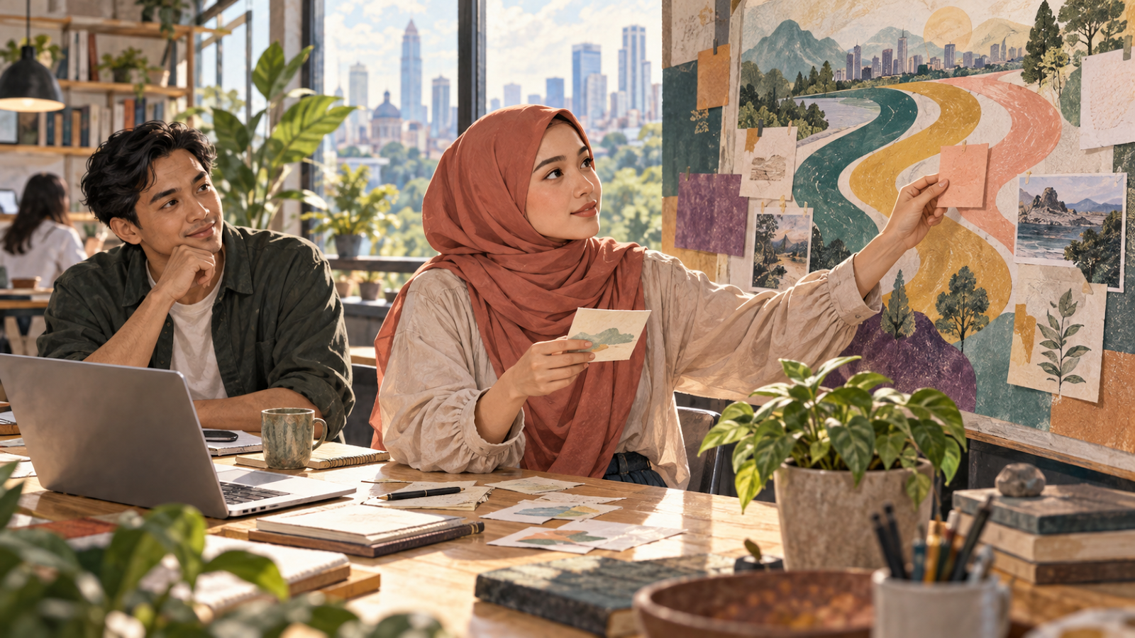 Perempuan Indonesia berhijab bersama rekan pria meninjau pilihan jalan baru di ruang kerja