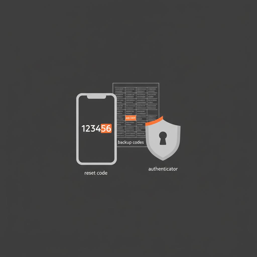Minimal infographic showing a phone with a reset code, an authenticator app icon and a backup codes sheet on a black background to recover facebook password.