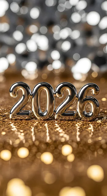 Chrome 2026 Numbers on Gold Glitter Bokeh