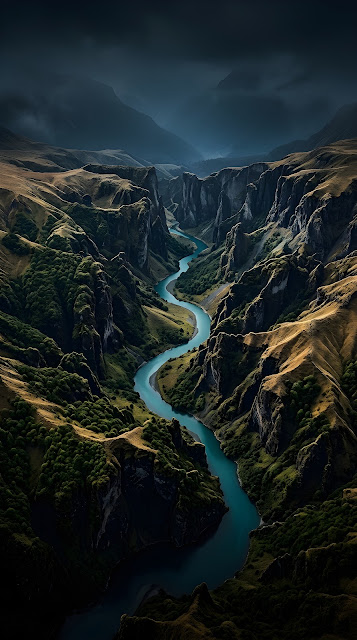 Aerial 3D Render of an Emerald River Valley and Textured Ridges - Free mobile Wallpaper