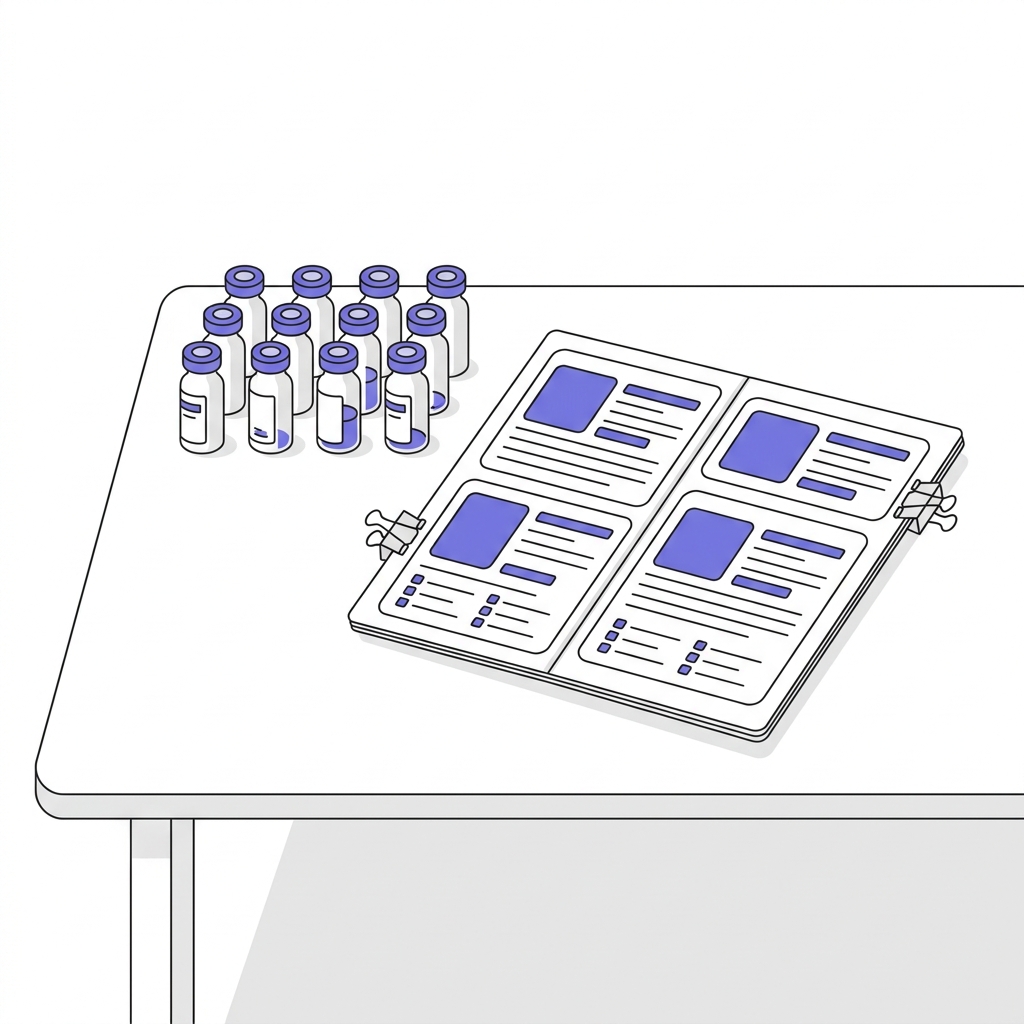 Minimalist 2D vector illustration of a desk with laboratory vials and a peptide catalog page using Peptide World colors white and purple visually representing sermorelin research and product layout