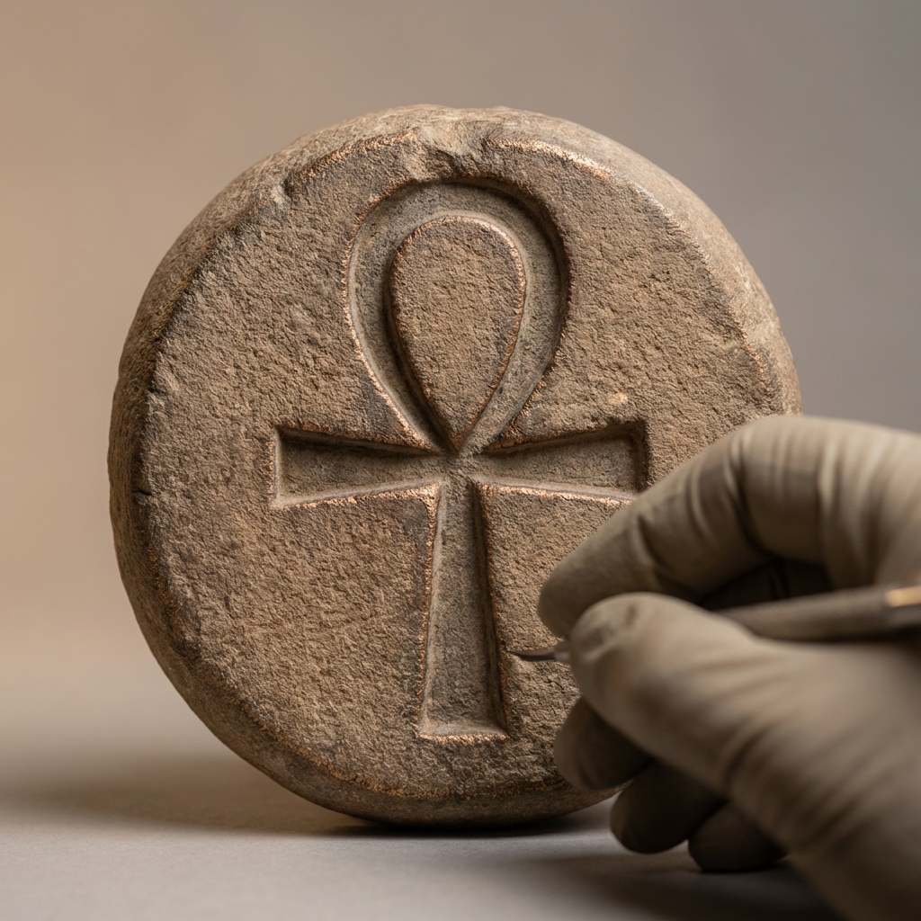 Close up of looped egyptian ankh ring carved into sandstone with a conservator gloved hand for scale minimalist warm background ede7da and subtle c2bdb6 accents
