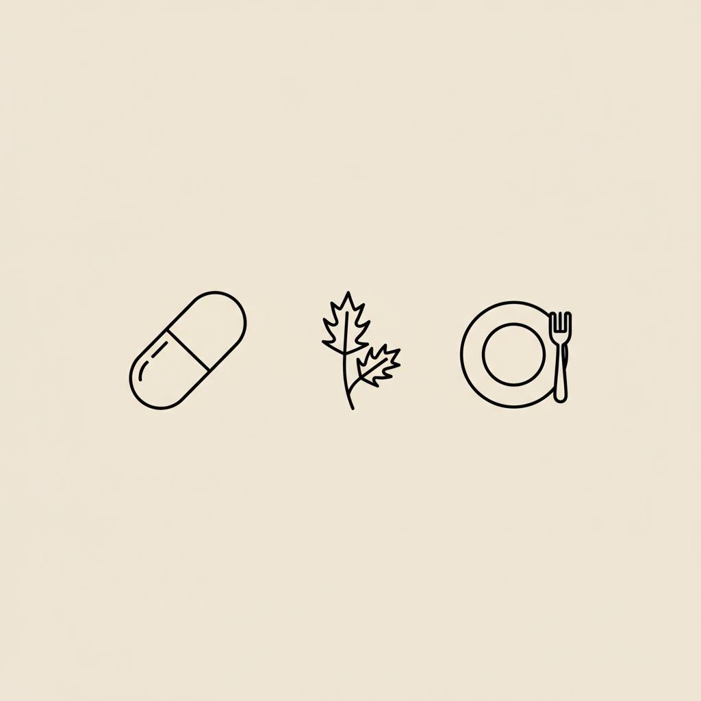 Minimalist vector line illustration of a capsule, a milk thistle sprig, and a plate with a fork on a beige background to represent reverse type 2 diabetes naturally