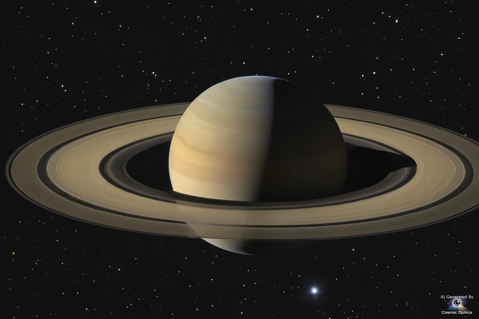 An authentic astrophotography shot of the planet Saturn in deep space. The large, smooth, pale beige_00011