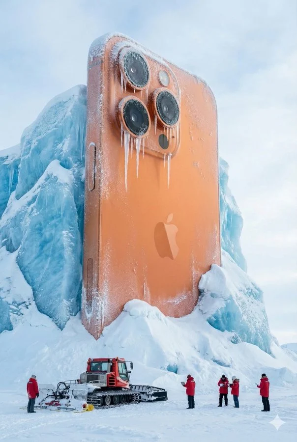 Una lata gigante de Coca-Cola congelada en hielo glacial junto a científicos.