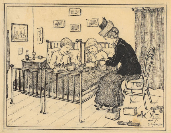 Jongen en meisje met speelgoed op bed