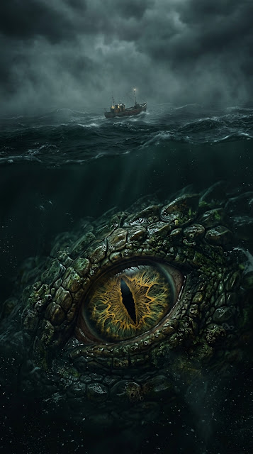 Giant Reptilian Eye Watching a Small Ship in a Dark Sea - Free mobile Wallpaper