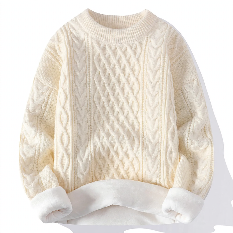 Lined knit sweater with cable pattern