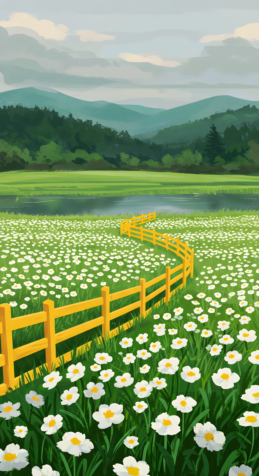 Idyllic Daisy Field with Yellow Fence and Distant Hills - Free 4K mobile Wallpaper