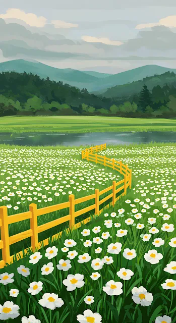 Idyllic Daisy Field with Yellow Fence and Distant Hills
