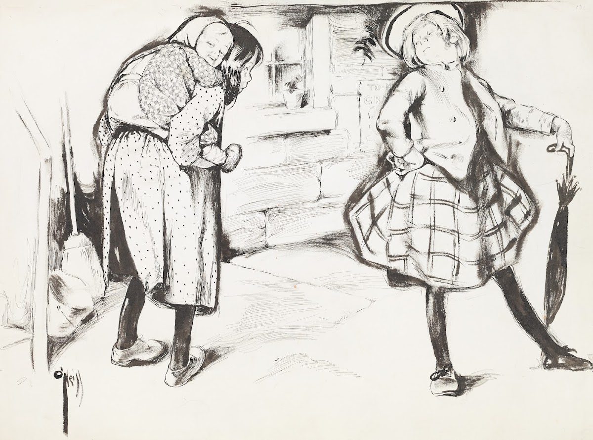 A wealthy girl turns up her nose at a poor girl who is carrying a baby on her ba