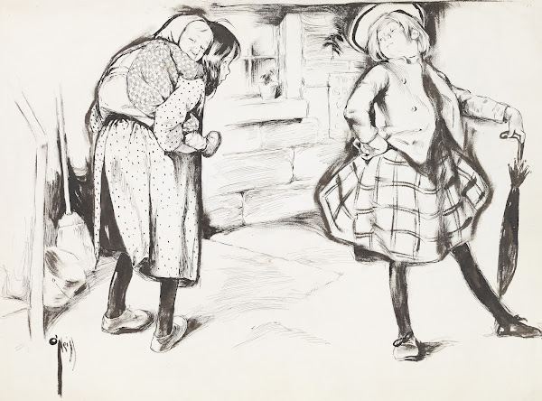 A wealthy girl turns up her nose at a poor girl who is carrying a baby on her ba